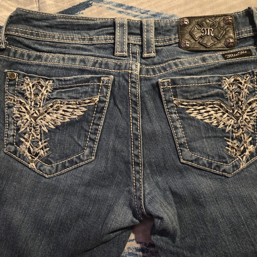 Miss Me Women's Blue Boot Cut Jeans with White Embroidery
